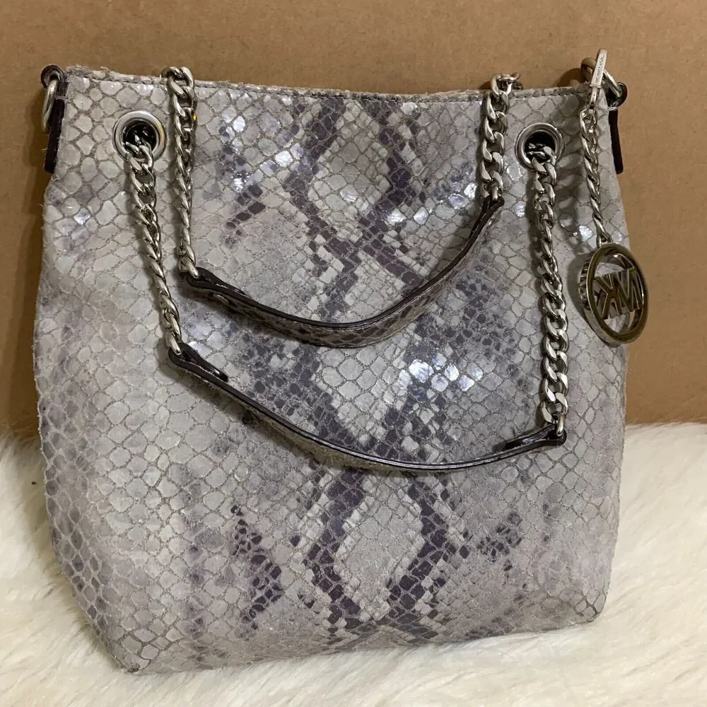 MICHAEL KORS JET SET Gray Python Leather North South Convertible Chain Hobo